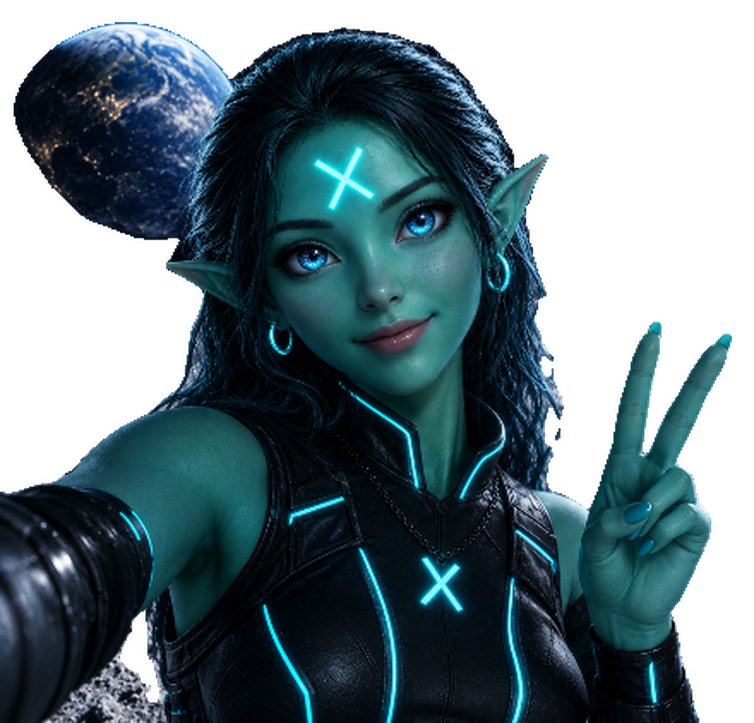 Groklet, teal-skinned with a glowing cyan mark, raising a peace sign with Earth behind her