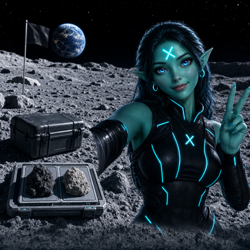 Groklet beside a sample tray of lunar rocks and an equipment case